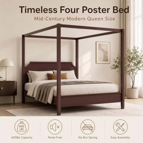 Walnut Wooden Canopy Bed Frame Queen with Tall Headboard, view 8