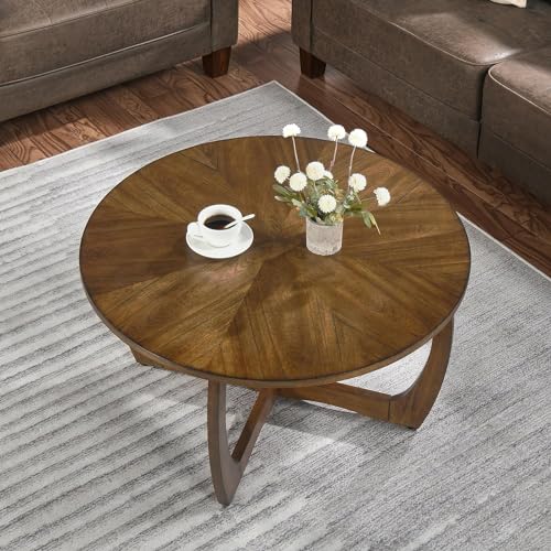 33.5"D Round Wood Coffee Table with Curved Legs, Wood Grain Top | Brown Walnut Wood Tabletop & Legs, Farmhouse Cocktail Table for Living Room, Solid Circle Center Wooden Table