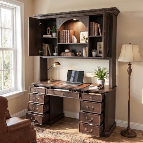 Lighted Writing Desk with Hutch and Drawers, 62" W x 82.7" H, Brown, view 4