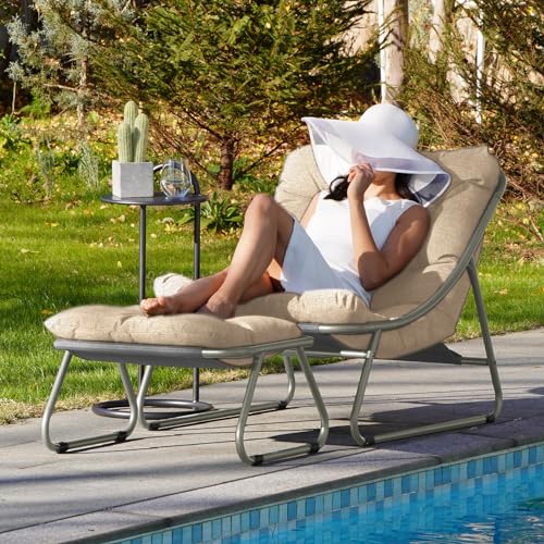 Outdoor Lounge Chair with Foot Stool, Comfy Sling Recliner Chair with Puffy Cushion and Foot Rest, Modern Patio Furniture Set for Porch Deck Garden, Champagne Gray