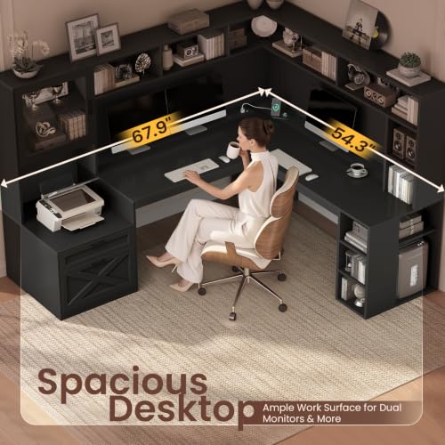 68" Farmhouse L Shaped Computer Desk with Hutch, Storage Drawers, view 6