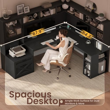 68" Farmhouse L Shaped Computer Desk with Hutch, Storage Drawers, view 6