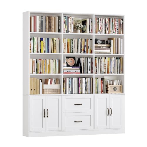 71" Tall Triple Wide Bookshelf with Storage Drawers & Doors, White, view 2