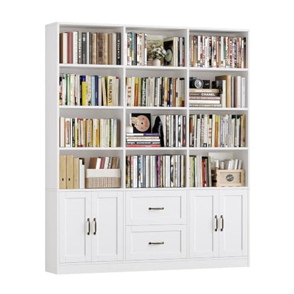 71" Tall Triple Wide Bookshelf with Storage Drawers & Doors, White, view 2