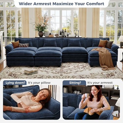 154" Oversized Modular Sectional Sofa, Comfy U-Shaped Cloud Couch w/ 3 Movable Ottoman, 7-Seater Chenille Deep Seat Modern Sofa Couch for Living Room, DIY Combination, Blue