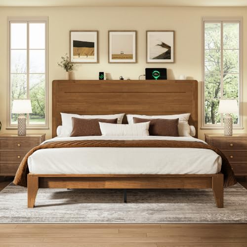 Queen Size Wood Platform Bed Frame with Mid-Century Modern Tall Headboard, view 2