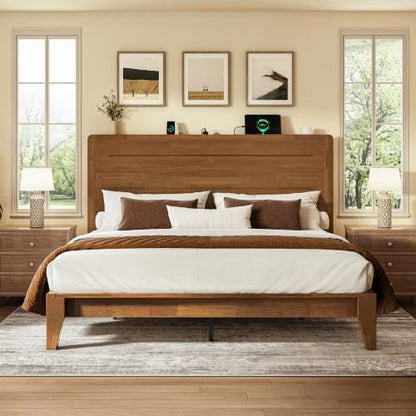 Queen Size Wood Platform Bed Frame with Mid-Century Modern Tall Headboard, view 2