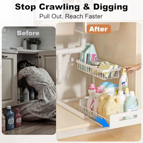 Under Sink Organizer, Pull Out Cabinet Organizer, 2 Tier Metal Slide Out Shelf with L Shaped Design for Kitchen, Bathroom, Laundry, and Utility Cabinet Storage for Deep Cabinets, White, 2 Pack