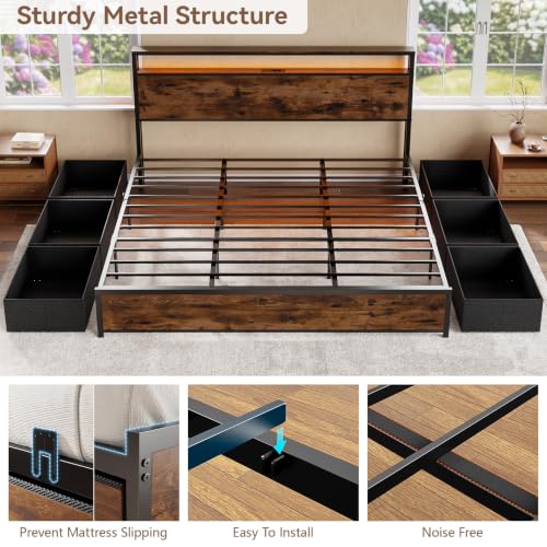 King Size Bed Frame with 2-Tier Storage Headboard & 6 Drawers, view 6