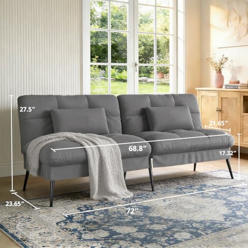 72″Futon Sofa Bed,Modern Convertible Sleeper Sofa, Fabric Futon Couch with Multi-Position Backrest for Living Room Furniture (Grey) | Convertible Fabric futon couch with pillows, upholstered recliner lounge, multi-angle loveseat, living room furniture