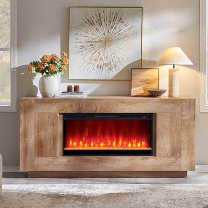 70" Fireplace TV Stand for 80" TV, Thick Block Media Console, Light Oak, view 4