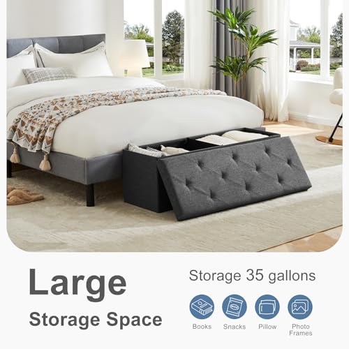 43 Inch Folding Storage Ottoman Bench, Large Hidden Storage Chest with Thicker Foam Padded Seat, End of Bed Foot Rest Stool for Bedroom Living Room Entryway, Load 660 lbs, Grey