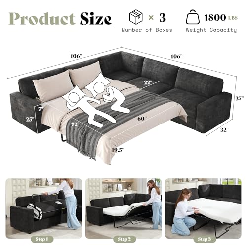106" Oversized Sofa Bed, Sectional Sleeper Sofa with Pull Out Bed, 3 in 1 Convertible Sofa Bed, L Shaped Couch with Storage, High Resilience Mattress, Chenille Grey