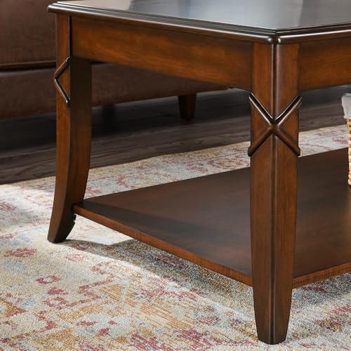 Solid Wood Coffee Table with Storage Shelf, Mid-Century Living Room Table with Wood Carved Tabletop and Leg, 43.3” Splicing Cocktail Center Table,Easy Assembly, Cherry Brown KFZ-DR200
