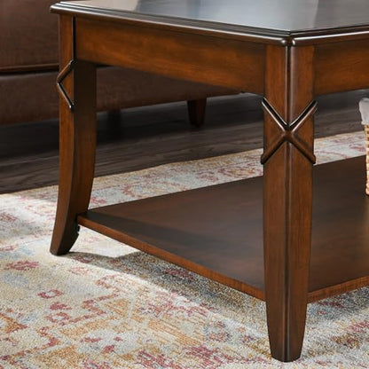 Solid Wood Coffee Table with Storage Shelf, Mid-Century Living Room Table with Wood Carved Tabletop and Leg, 43.3” Splicing Cocktail Center Table,Easy Assembly, Cherry Brown KFZ-DR200