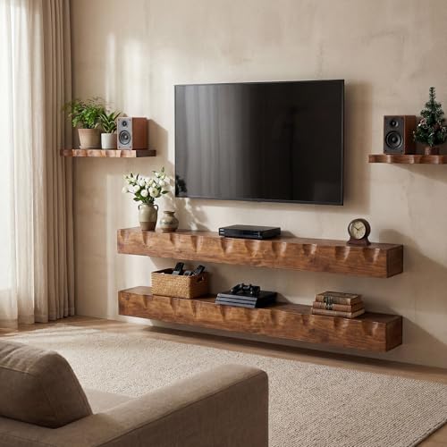 63" Solid Wood Floating TV Stand for TVs Up to 75", Rustic Brown, view 4
