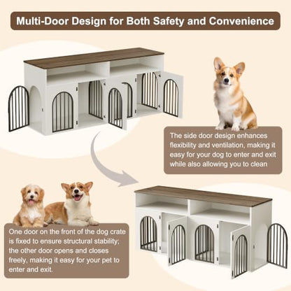 78.7" Double Dog Crate Furniture, Dog Kennel with Storage, White, view 6