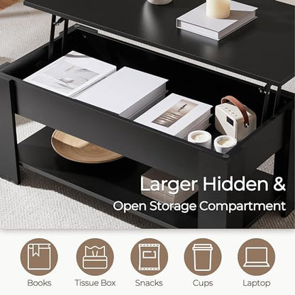Yaheetech Wooden Coffee Table, Lift Top Coffee Table with Large Hidden Storage Shelf, Lift Tabletop Dining Tables for Living Room, Home Small Space, 38.6in, Black