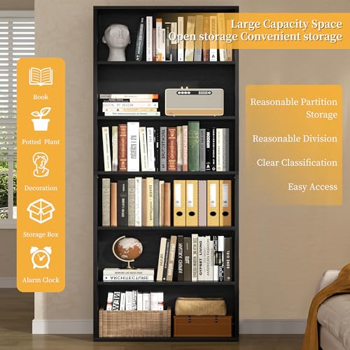 Bookshelf,6-Tier Open Bookcase and Bookshelves,6 Shelf Display Storage Shelves Floor Standing 70.6 inches Tall Bookcase for Home Office, Living Room (Black)