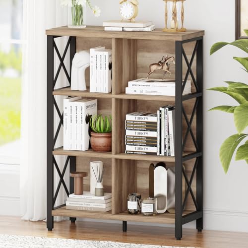 Bookcase, 6 Cube Storage Organizer Shelf, Wood and Metal Cubby Book Shelf, Industrial 4 Tier Cube Bookshelf (Rustic Oak)