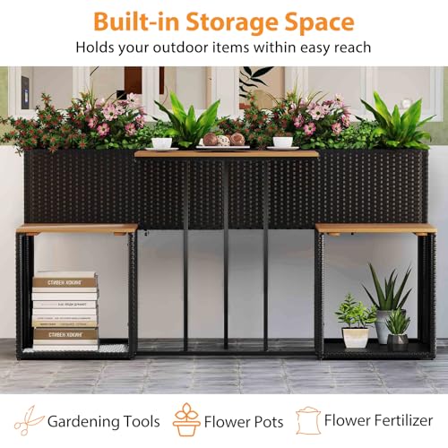 Patio Furniture Set with Raised Garden Bed, PE Rattan Garden Planter Table with Built-in Chairs and Storage Space, Acacia Wood Outdoor Conversation Set with Sturdy Metal Frame