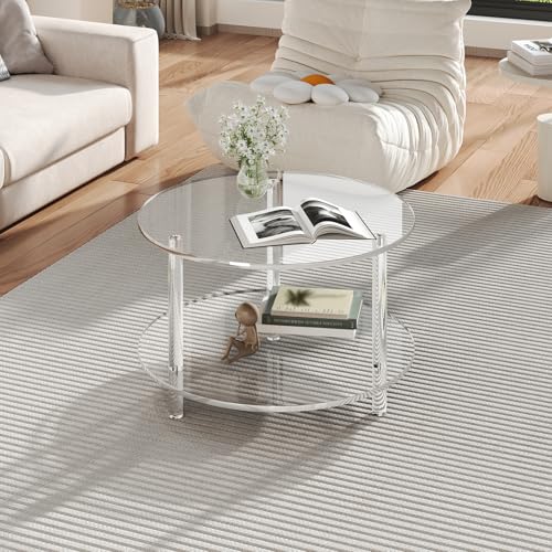 Acrylic Round Coffee Table, 23.6" Wide Modern Tea Table with Storage Shelf, 2-Tier Circle Center Table for Living Room, Office Reception and Apartment (Clear)
