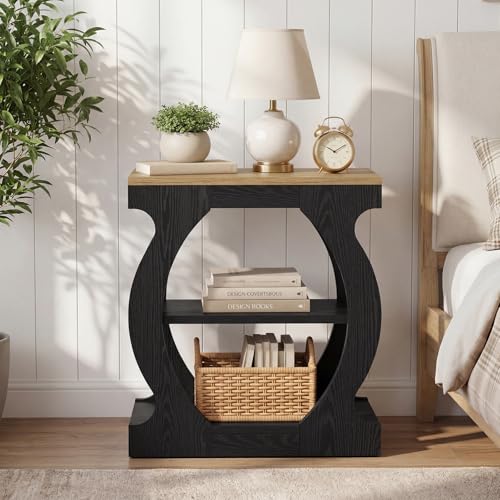 Tribesigns 23.6" Nightstand with 3-Tier Storage, Modern Narrow Bedside Table with Curved Frame for Bedroom, Rustic Oak & Black