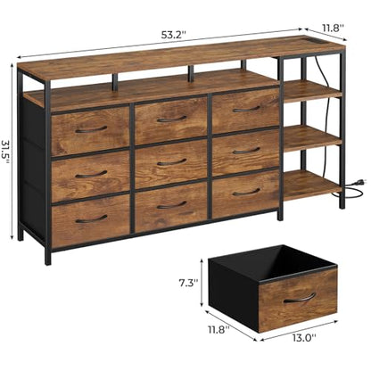 TV Stand for 60 Inches, Dresser With Charging Station & LED Lights, 9 Fabric Drawers, Entertainment Center and Industrial Console Table With Open Shelves for Living Room, Bedroom, Rustic Brown