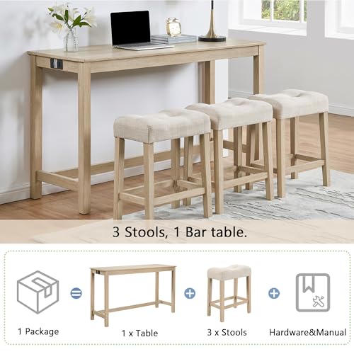 4 Piece Dining Table and Chairs Set with Charging Station, Farmhouse Wooden Kitchen Island-Table w/USB&Typc C&Power Outlet, 59" Behind Sofa-Table w/3pcs Upholstered Stools,Light Oak