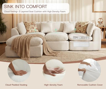 110'' Oversized Boneless Cloud Couch for Living Room, Modern Big Sectional Compressed L Shape Couch with Ottoman, Comfy Chenille Deep Seat Memory Foam Spineless 4 Seater Sofa, Beige