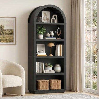 76" Tall Arched Bookshelf with Adjustable 2 Book Shelves, Black Oak, view 2