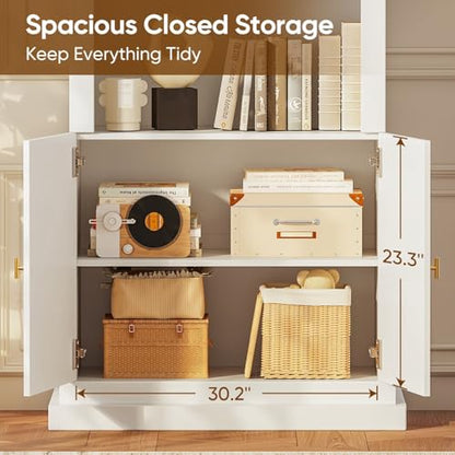 White arched kitchen pantry cabinet with gold handles, dual glass doors and open shelves, view 6