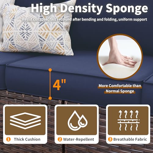 Patio Furniture Set, 6 Pcs Patio Outdoor Sectional, Wicker Outdoor Couch with Swivel Chair, Ottomans, Side Table, 4" Thick Cushion, for Garden Backyard Deck,Navy Blue