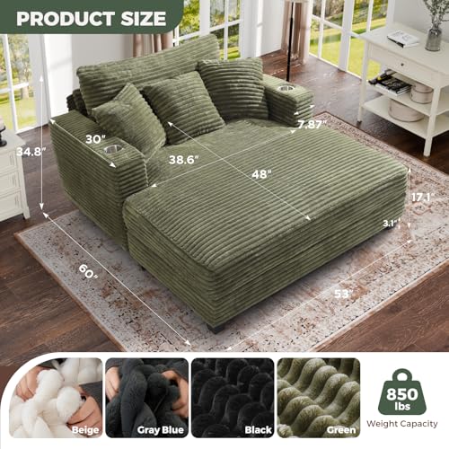 60" Oversized Chaise Lounge Chair with Wood Frame, USB Charging Port, Green, view 3