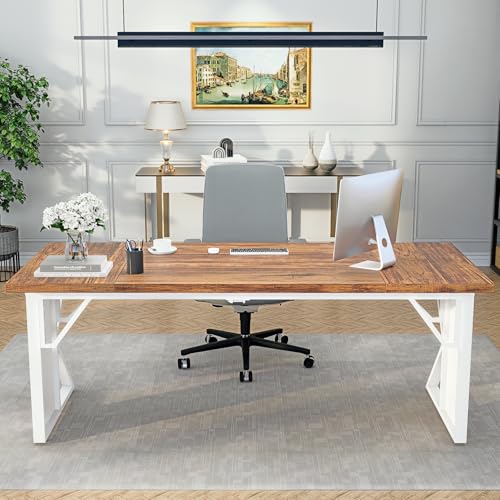 70.8" Executive Office Desk, Large Heavy-Duty Computer Desk for Home Office, Modern Writing Workstation with Rustic Brown Tabletop and White Metal Frame