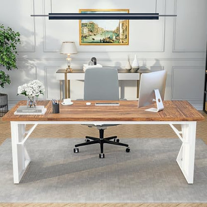 70.8" Executive Office Desk, Large Heavy-Duty Computer Desk for Home Office, Modern Writing Workstation with Rustic Brown Tabletop and White Metal Frame