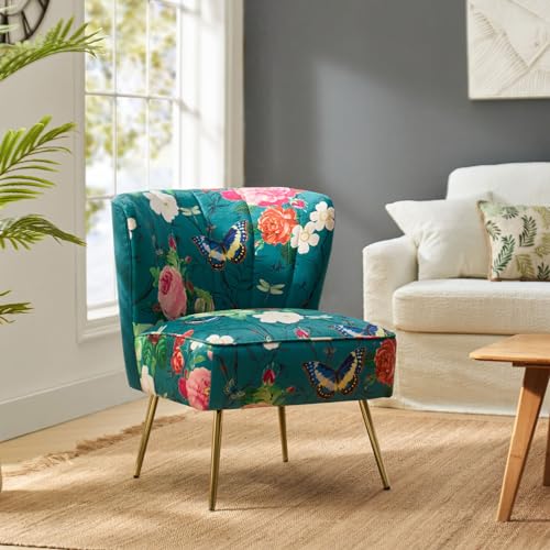 Accent Chair with Golden Metal Legs, Comfy Tufted Wingback Living Room Chair Floral Fabric Small Armless Side Chair, Upholstered Slipper Chair for Bedroom, Reading Room Flower Print