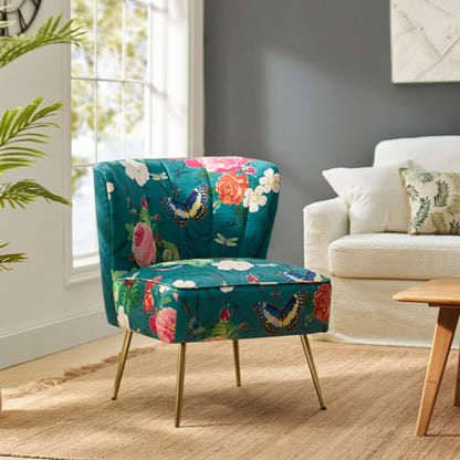 Accent Chair with Golden Metal Legs, Comfy Tufted Wingback Living Room Chair Floral Fabric Small Armless Side Chair, Upholstered Slipper Chair for Bedroom, Reading Room Flower Print