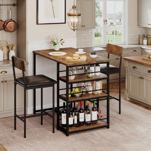 Dining Table Set for 2, Counter Height Kitchen Table with 2 Upholstered Bar Stools, Dining Table and Chairs Set with Storage Shelves, for Small Space, Apartment, Studio, Retro Brown