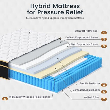 King Size Mattress [New Version], 12 Inch Gel Memory Foam Hybrid Mattress King Bed in a Box, Pressure & Pain Relief, Individual Pocket Spring, Edge Support, Medium Firm, CertiPUR-US