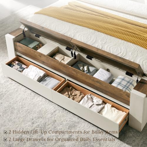 King Bed Frame with Headboard and Footboard Storage Bench,Antique White, view 5