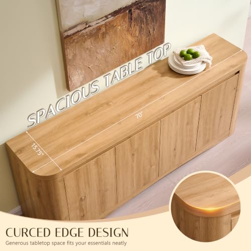 Modern Curved 70" Buffet Cabinet with 4 Storage Doors, Natural, view 5