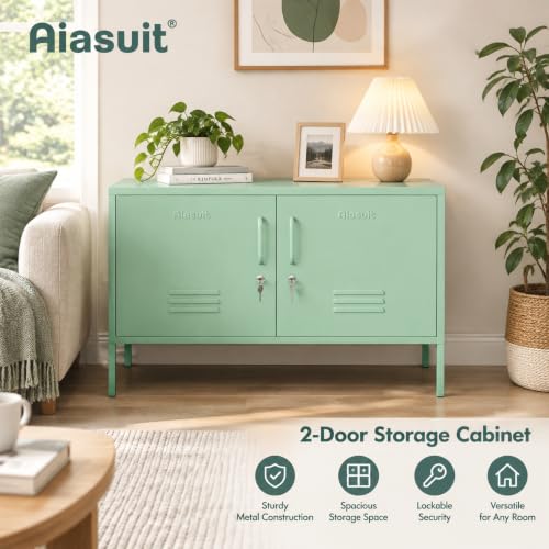 Green 2-Door Wide Lockable Metal Storage Cabinet, TV Stand & Media Console, view 7