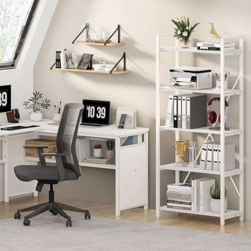 5 Tier Bookshelf, Metal and Wood Bookcase, Etagere Book Shelf for Display, Modern Shelving Unit Tall Book case for Home Office, Living Room (White Oak)