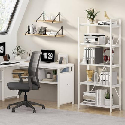 5 Tier Bookshelf, Metal and Wood Bookcase, Etagere Book Shelf for Display, Modern Shelving Unit Tall Book case for Home Office, Living Room (White Oak)