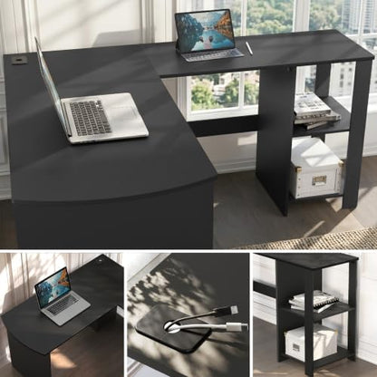 51 x 51 L-Shaped Home Office Wood Corner Desk with Storage, Black, view 5