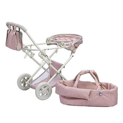 Olivia's Little World Buggy-Style Baby Doll Stroller with Retractable Canopy, Storage Underneath, Detachable Bassinet, Travel Nursery Bag, Comfortable to Push, Pink and Gray