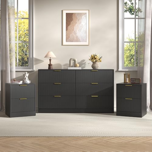 3-Piece Modern Bedroom Furniture Set, Wide 6-Drawer Dresser & 2-Drawer Nightstands Set of 2, Natural Wood Dresser and Nightstand Sets for Bedroom, Hallway, Black