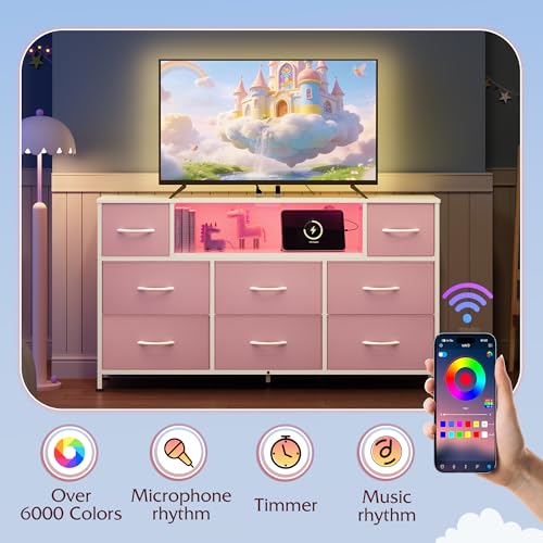 LED Dresser TV Stand for 55 Inch TV, 8 Fabric Drawers, Pink Dresser, view 6