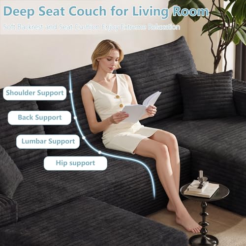 95" Cloud Sectional Couch with Ottoman,Modern U-Shaped Cloud Couch with Deep Seat,Comfy Corduroy 3-Seater Sofa,Memory Foam Sofa for Living Room,No Assembly (Black,Right-Facing Chaise)